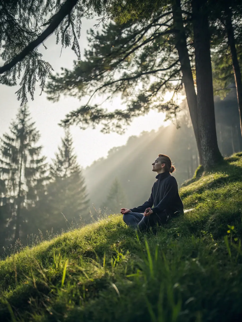 A person meditating peacefully in a serene environment, representing mental clarity and focus achieved through fasting, with soft, natural lighting.