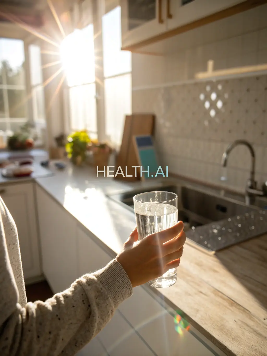 A person looking energetic and healthy, smiling while drinking water during a fasting period, with a bright and clean background, symbolizing revitalization.