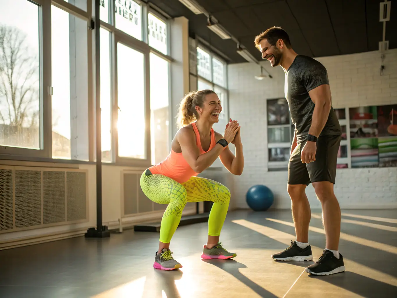 An individual confidently performing a simple exercise with a trainer, showcasing the benefits of personalized fitness programs.