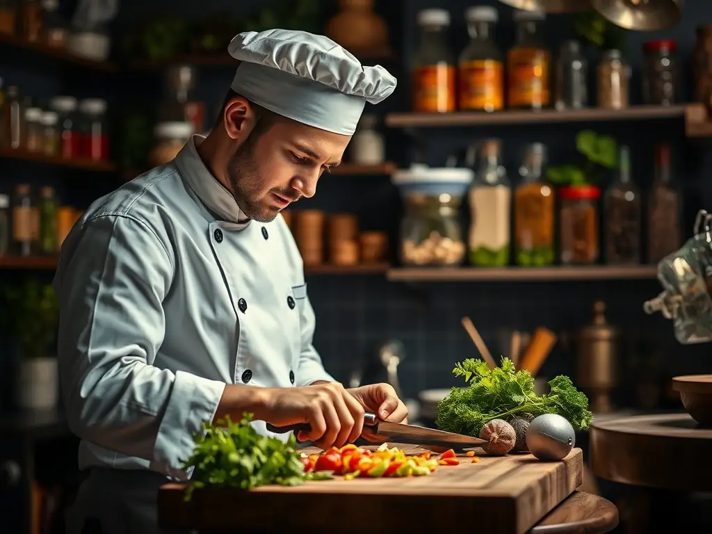 An image depicting a person mindfully preparing a healthy meal in a well-lit kitchen, emphasizing the importance of meal timing and mindful eating practices.